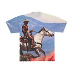 Front of a T-shirt with Cowboy on a horse with a mountainous background 